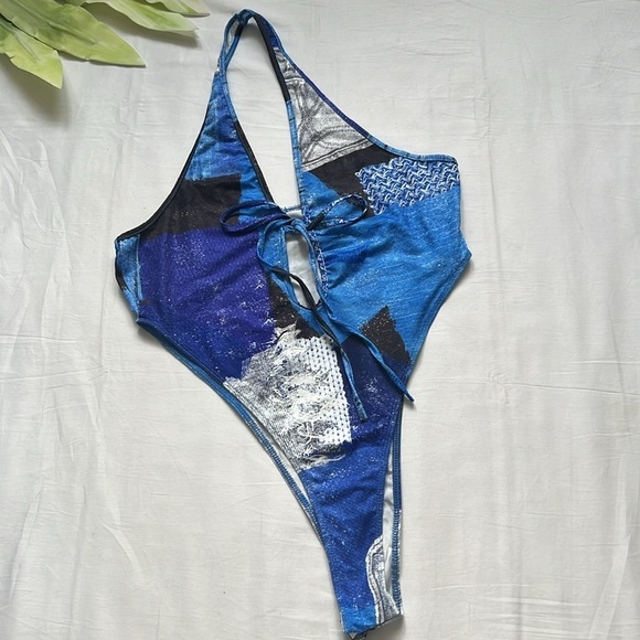 NWT SHEIN ICON Patchwork & Denim Look Print Drawstring Side Shorts Set - Picture 3 of 7